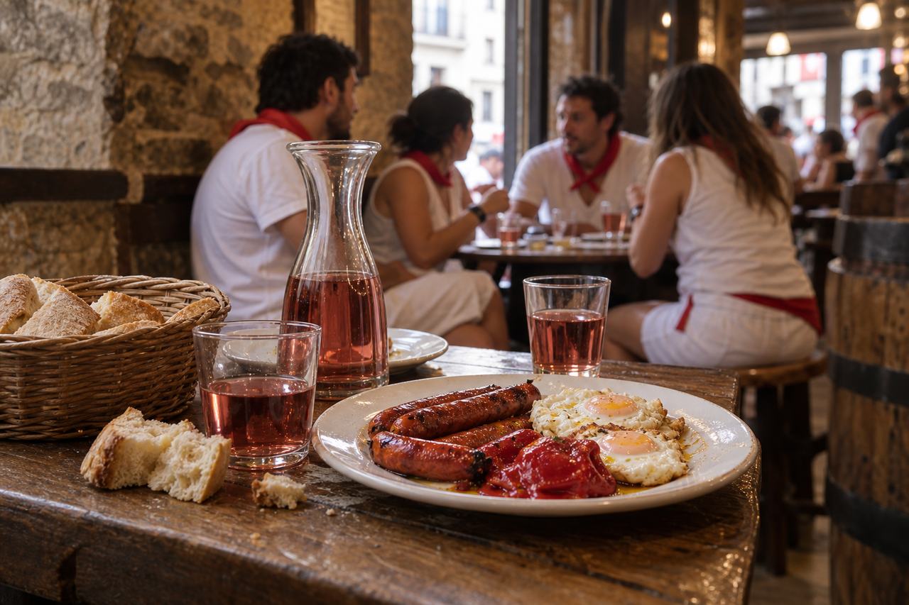 Almuercico navarro con txistorra, huevos, pimientos del piquillo y pan durante San Fermín
