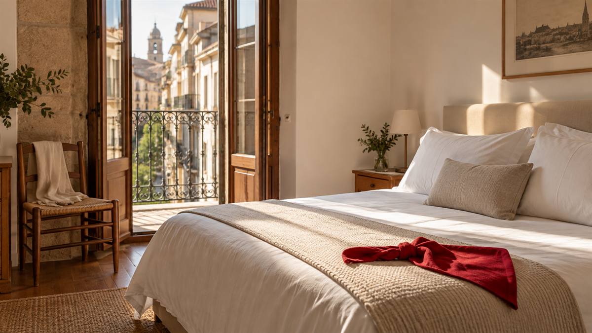 Dormitorio con balcón en el casco histórico de Pamplona para una estancia durante San Fermín
