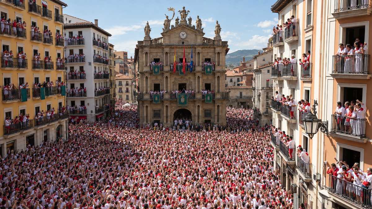 Chupinazo de San Fermín en la Plaza del Ayuntamiento de Pamplona Plaza del Ayuntamiento de Pamplona durante el Chupinazo de San Fermín con público vestido de blanco y pañuelo rojo