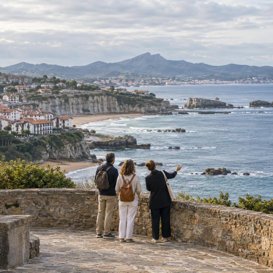 Visitantes y guía local contemplan la costa del País Vasco francés