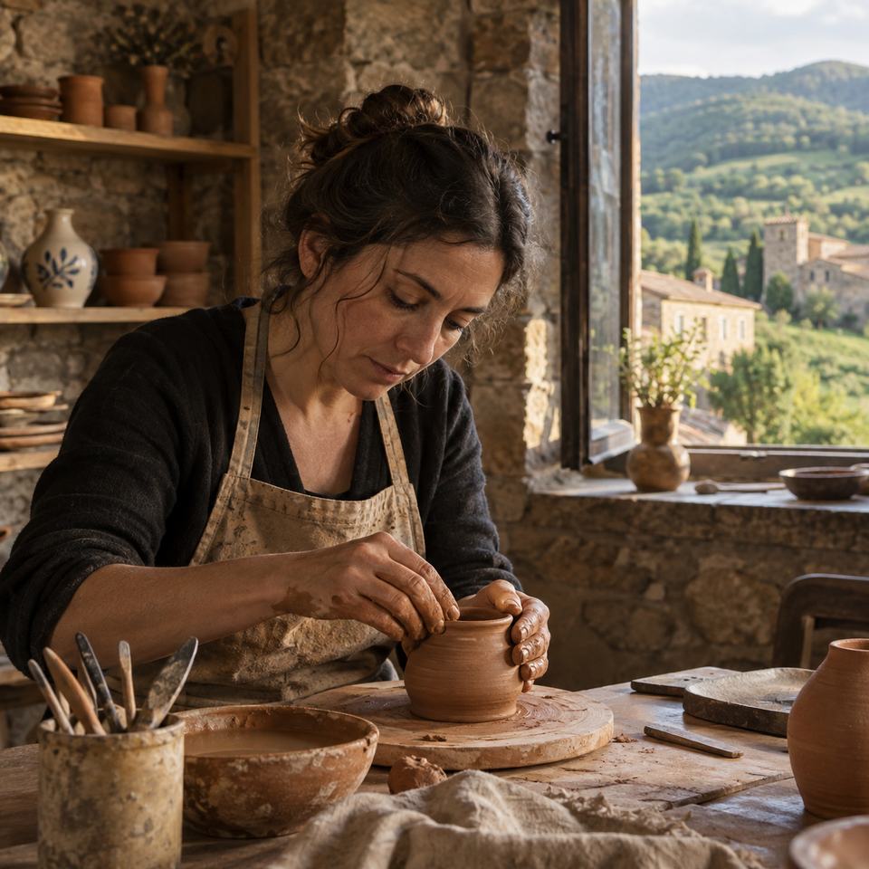 Artesana trabajando la cerámica en un taller tradicional del Reino de Navarra