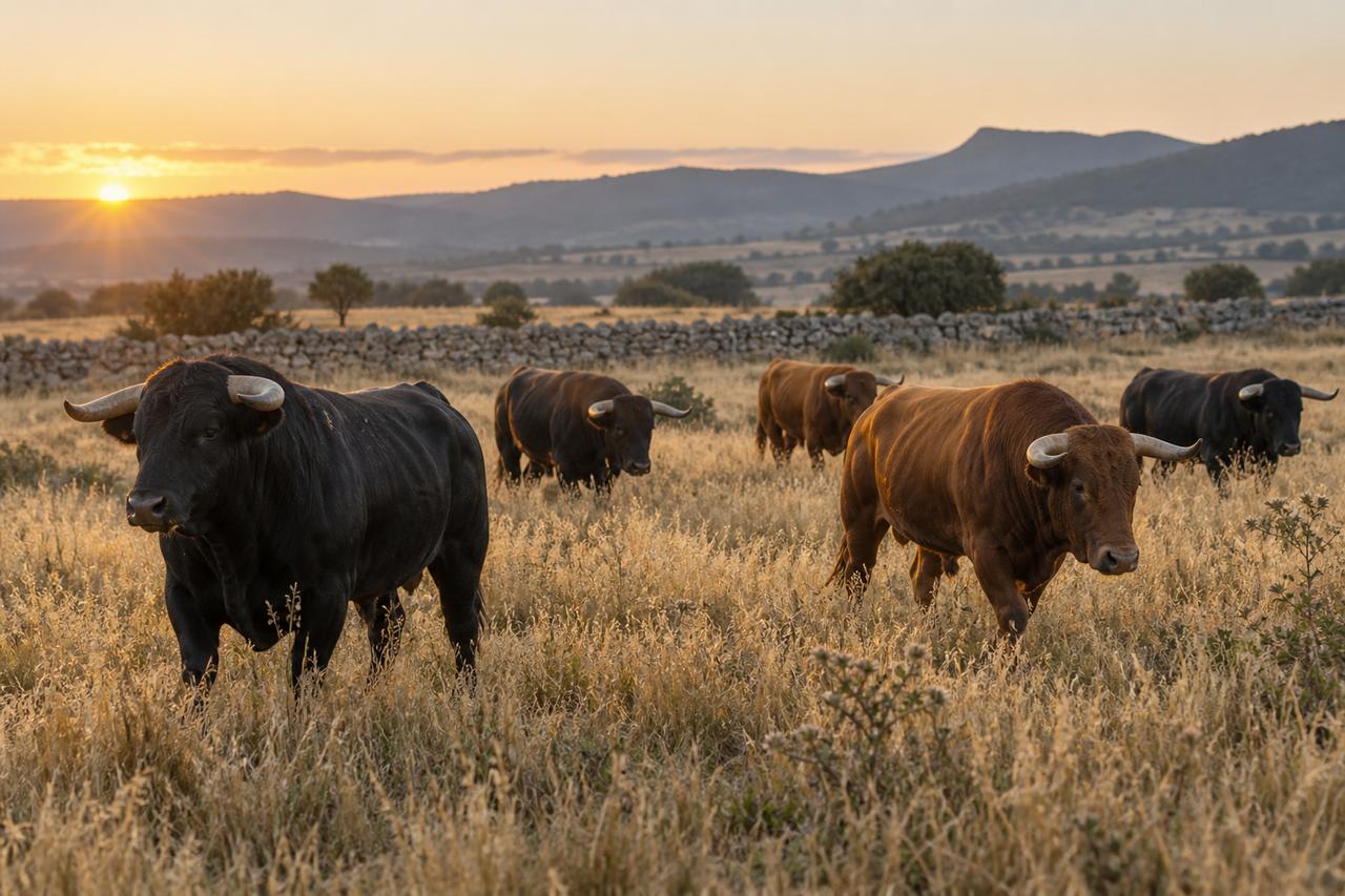 Ganadería de toro bravo en Navarra Toros bravos en una ganadería de Navarra al amanecer
