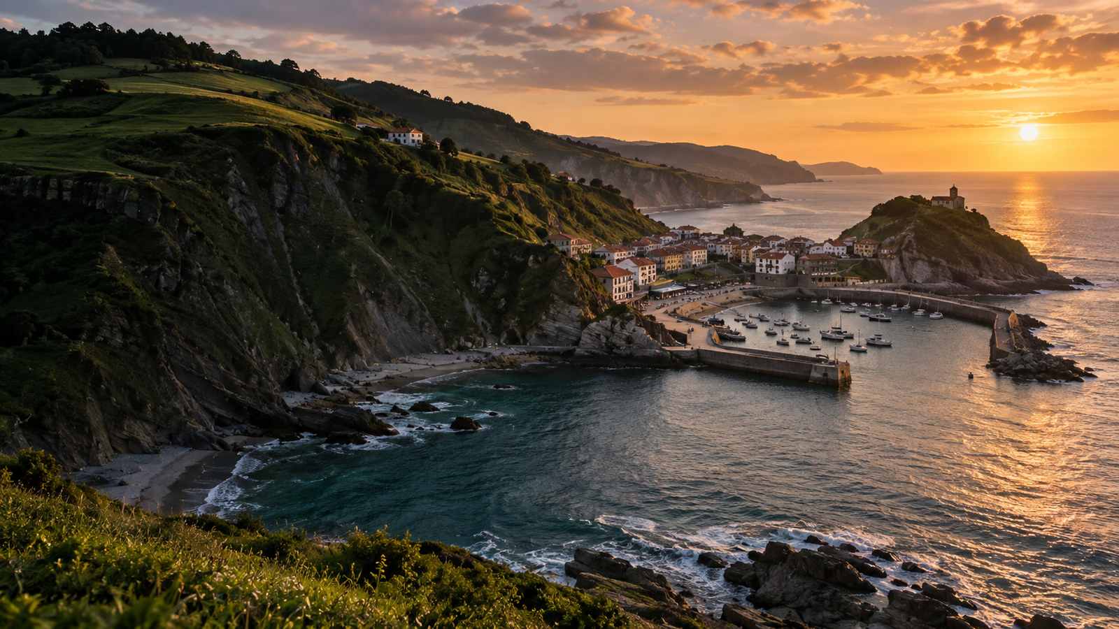 Costa vasca y pueblo marinero al atardecer