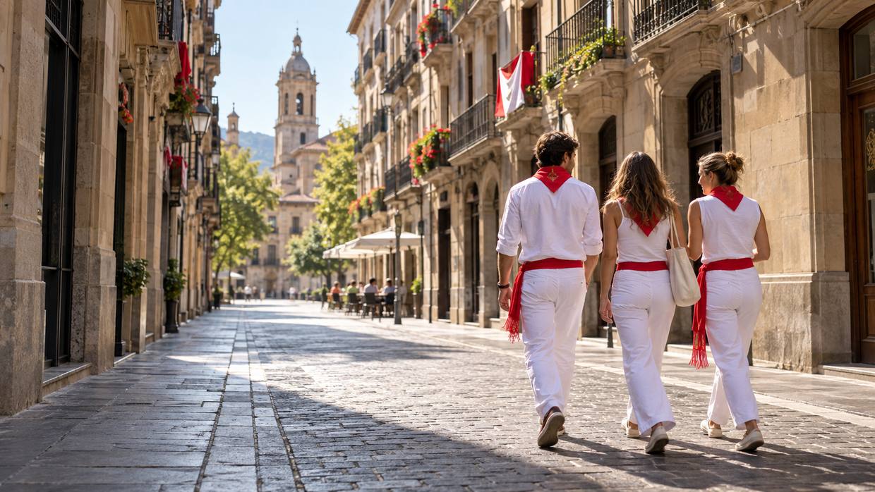 Paseo por Pamplona durante las fiestas de San Fermín Visitantes con ropa blanca y pañuelos rojos pasean por una calle histórica de Pamplona durante San Fermín
