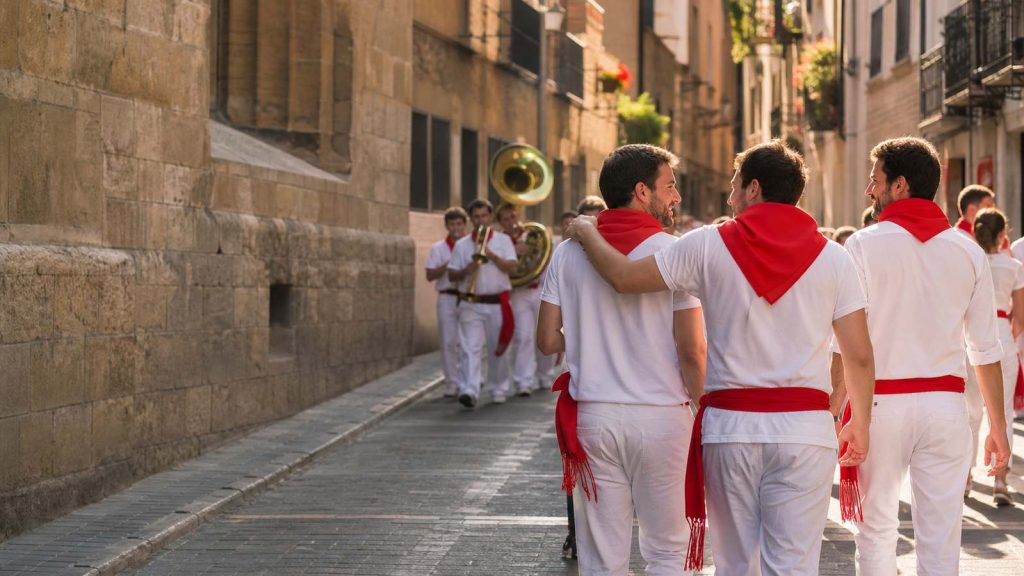 Grupo de peñistas vestidos de blanco y rojo recorriendo una calle de Pamplona durante San Fermín