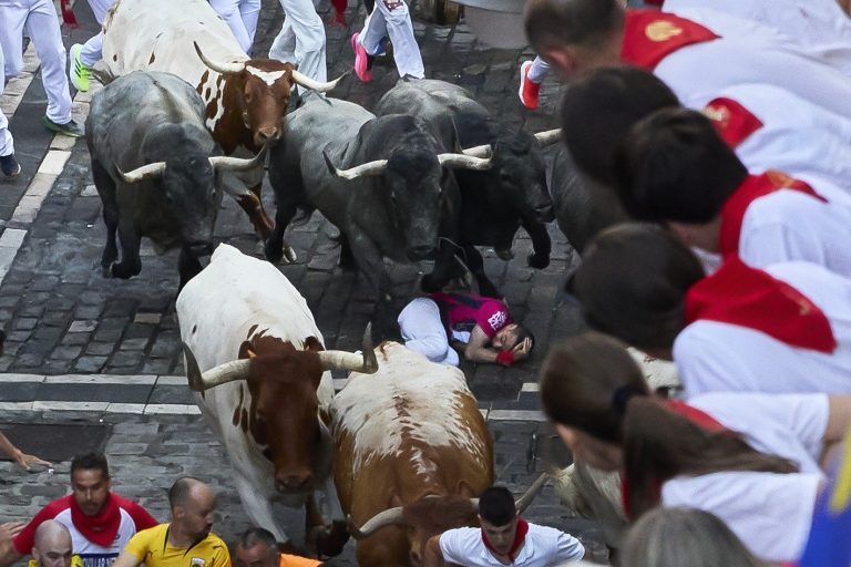 Toros y corredores durante el encierro de San Fermín en Pamplona
